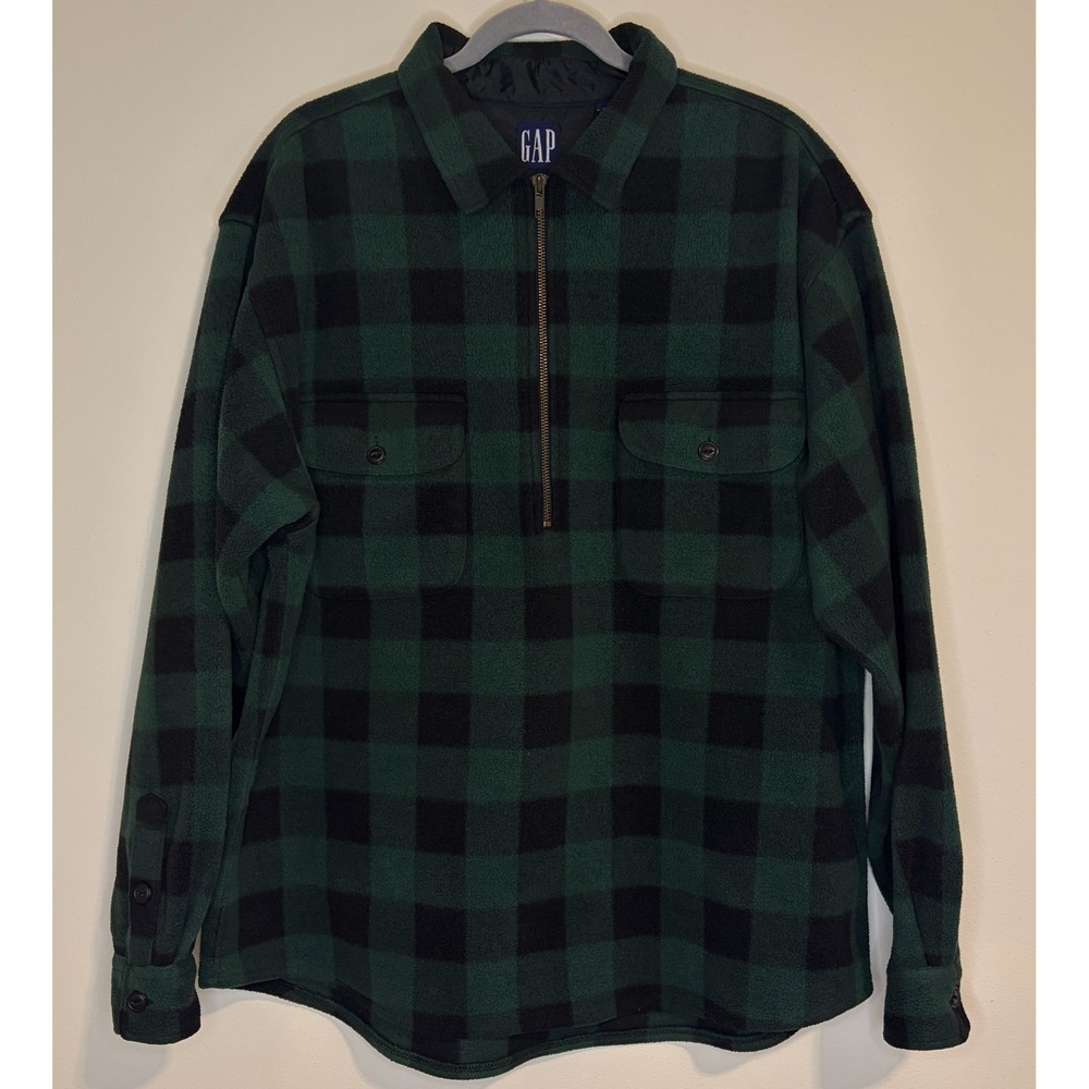 Vintage Gap Men's Green Black Plaid Quarter 1/4 Zip 90s Pull Over Medium Fleece